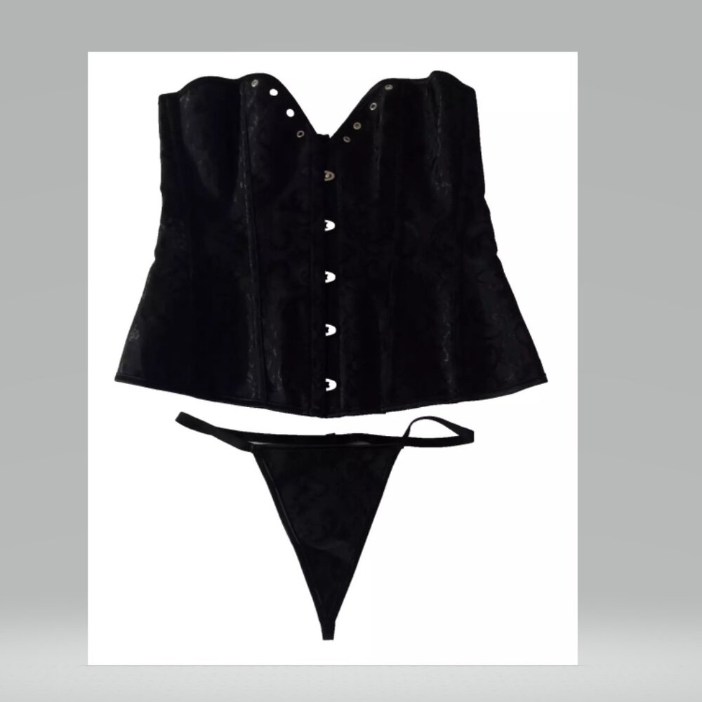 Women's Black Floral Corsets Bustier Waist Trainer + matching panty Size Large